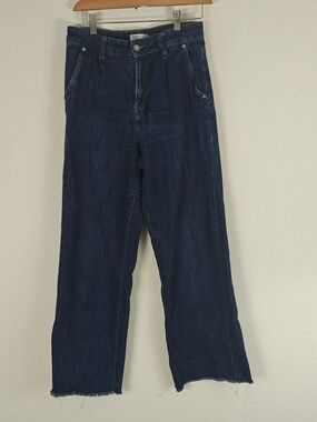 OAT New York Dark High Rise Wide Leg Crop Jeans Modern Minimalist Raw Hem 28